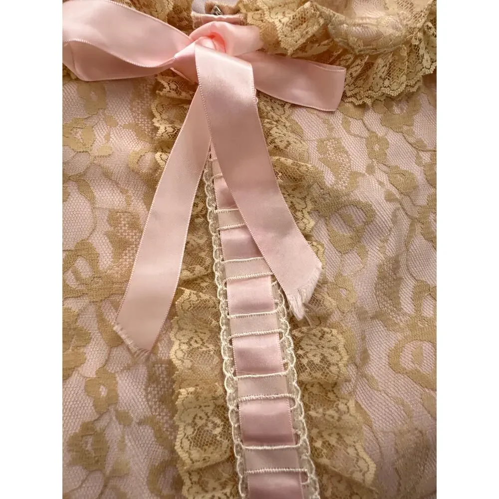 Odette Barsa Pink Lace Sheer Peignoir Maxi Robe Coquette Regency